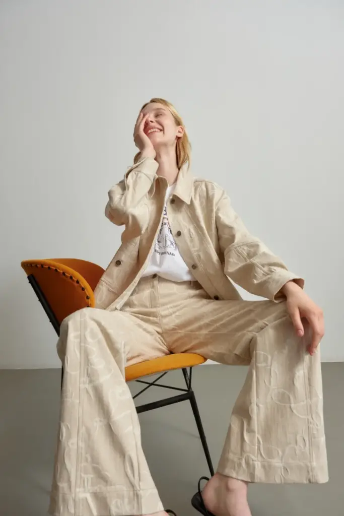 Lala Berlin Pants Pamir cotton mix lalagram jacquard beige Rabatt