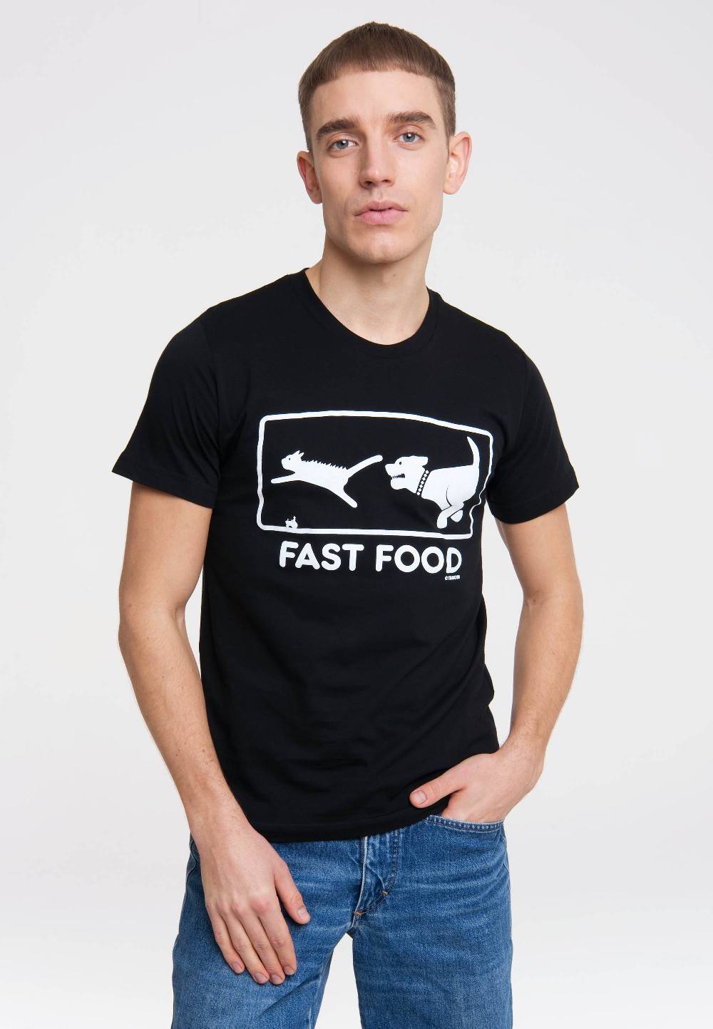 Logoshirt Fast Food - Hund Jagt Katze - T-Shirt Print Verkauf