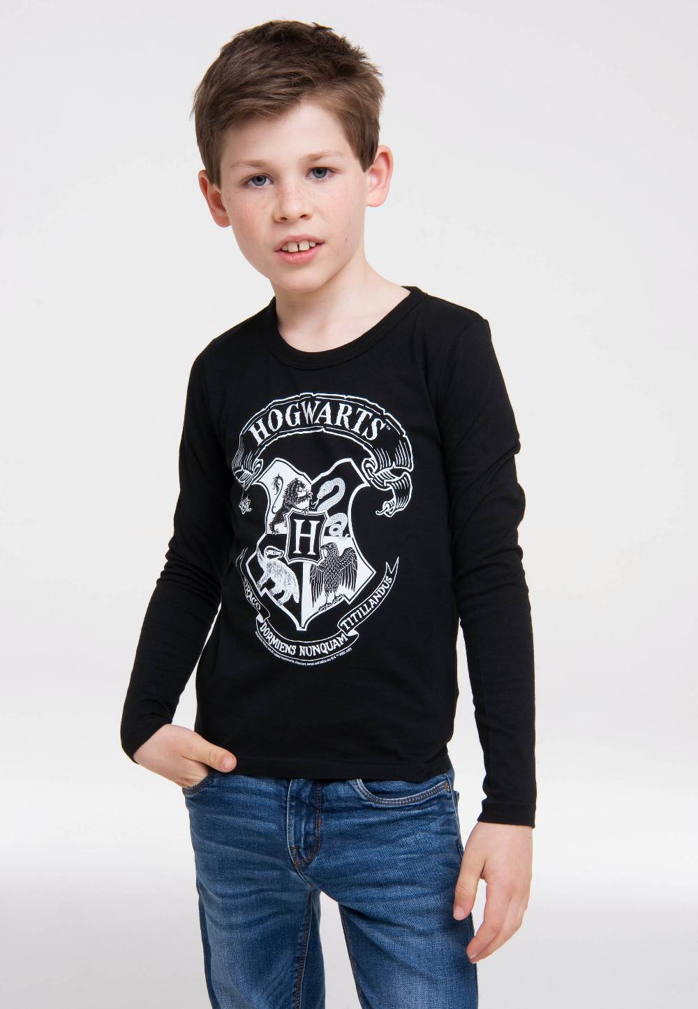 Logoshirt Harry Potter - Hogwarts Logo (Weiß) - Langarmshirt Print - Kinder Speichern exportieren