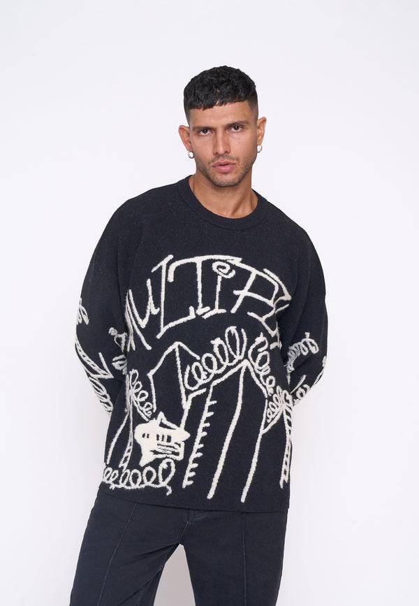 Multiply Spparel Oversize Knit Sweater DOWNTOWN Black Preisnachlass