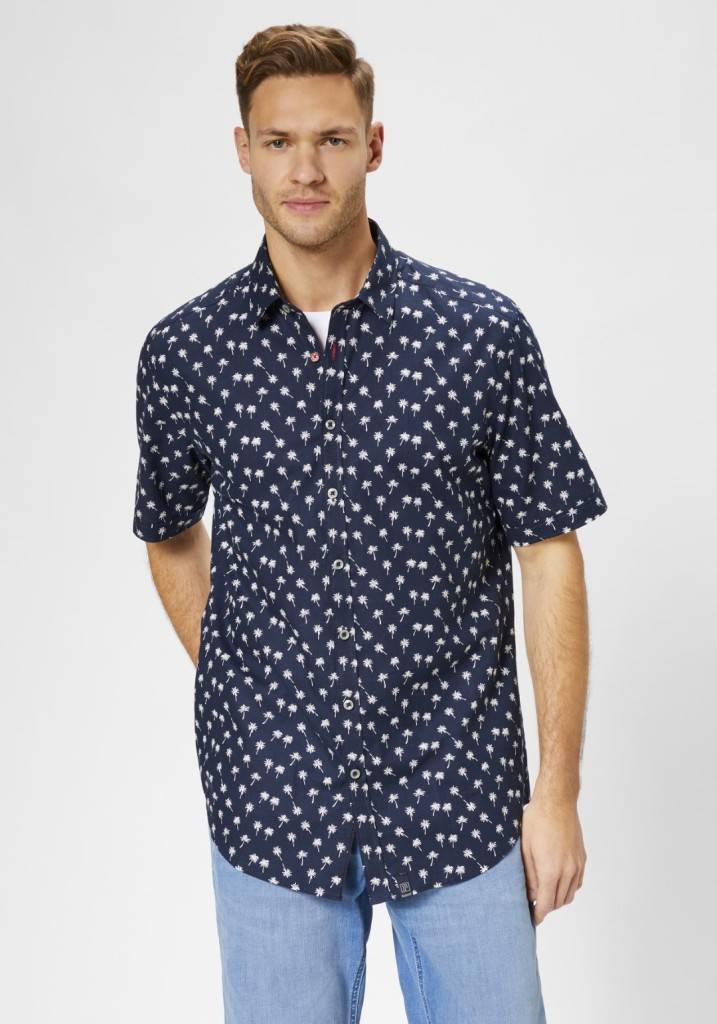 Paddocks Short sleeve shirt with all over palm print normale Passform - dark navy Exklusivangebot