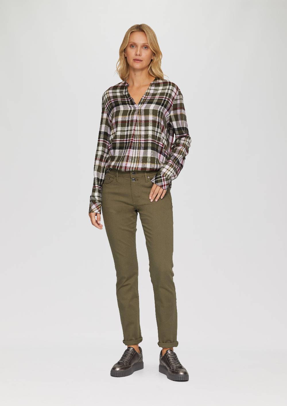 S.Oliver Karierte Bluse aus Viskosemix und Krempel-Detail Online Outlet