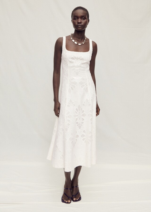 Mango Evasé-Kleid aus Leinen mit floraler Stickerei Online Outlet