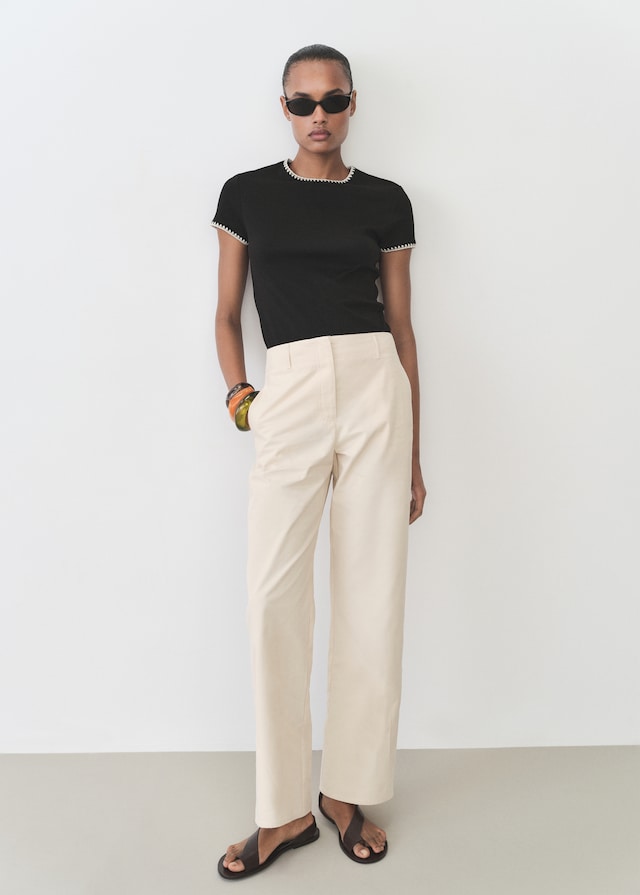 Mango Baumwoll-T-Shirt mit Kontrastborten Flash Sale