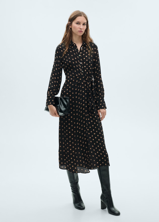 Mango Polka-Dots-Hemdblusenkleid mit Knotendetail Tiefpreis