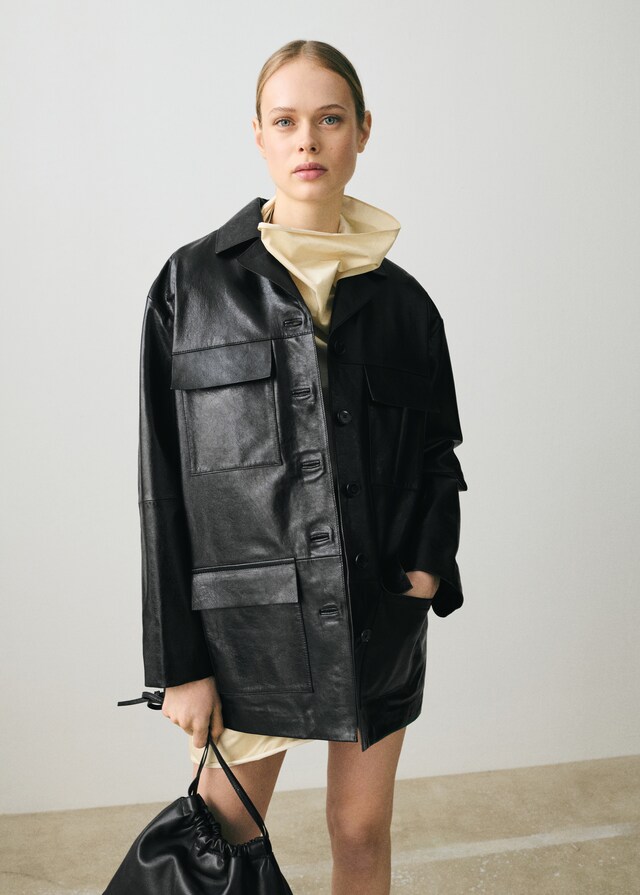 Mango Oversized-Lederjacke mit Taschen Jubiläumsangebot