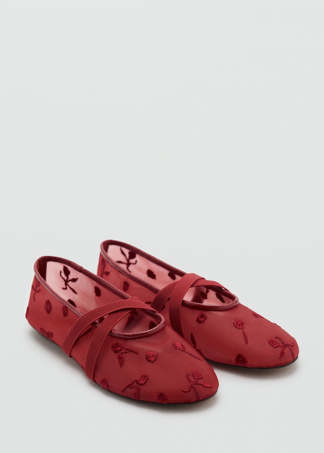 Mango Ballerinas mit Kreuzriemen und Blumenstickerei Begrenzte Freigabe