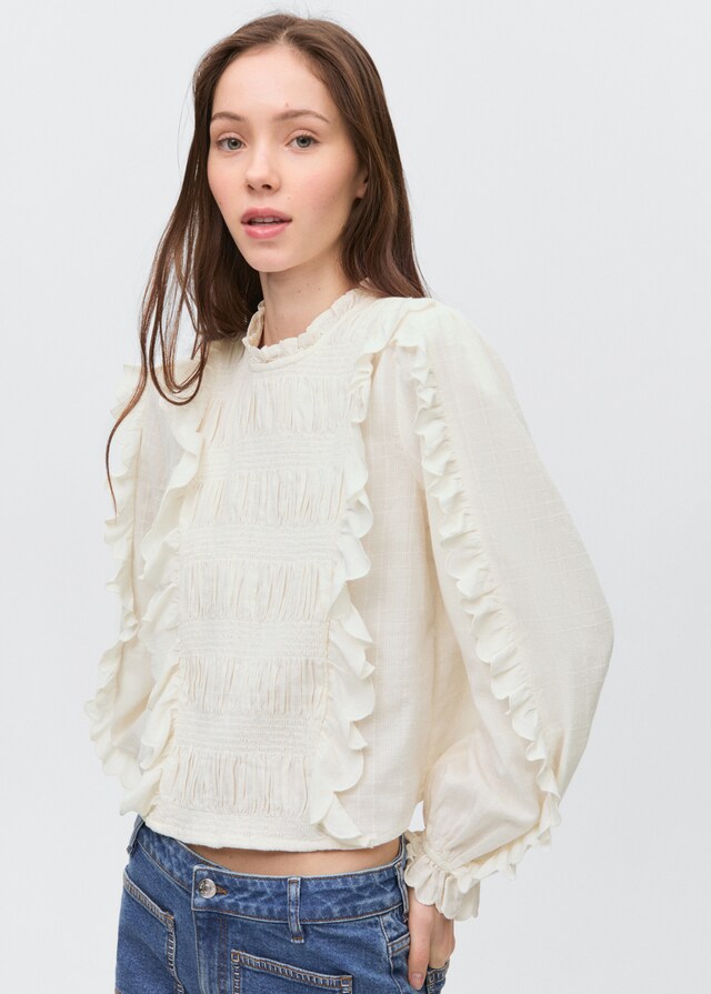 Mango Geraffte Bluse mit Rüschen Online Outlet