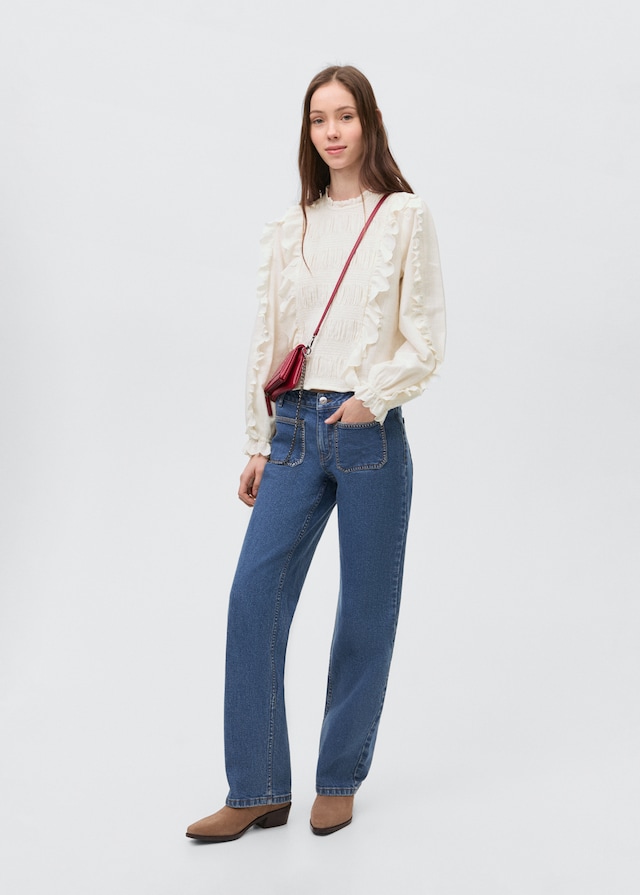 Mango Geraffte Bluse mit Rüschen Online Outlet