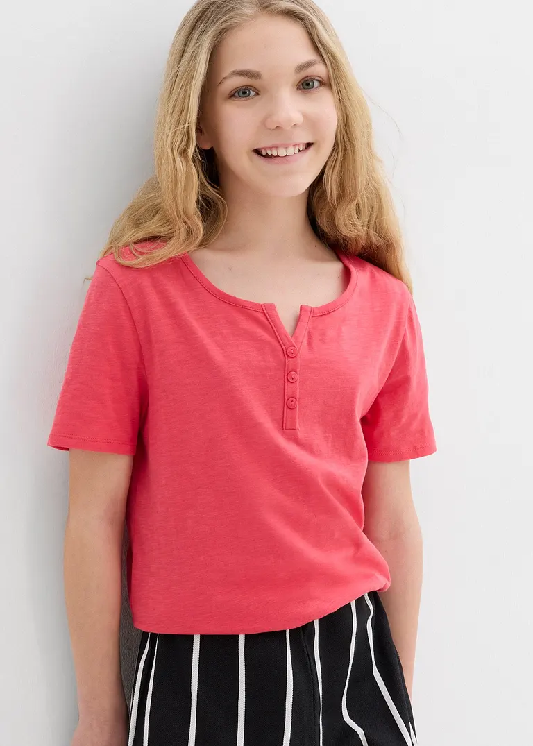 bonprix Schlichts Mädchen T-Shirt mit dekorativer Knopfleiste - pink Weihnachtsangebot