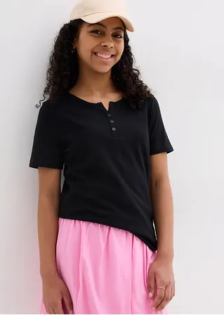 bonprix Schlichts Mädchen T-Shirt mit dekorativer Knopfleiste - schwarz Osterangebot