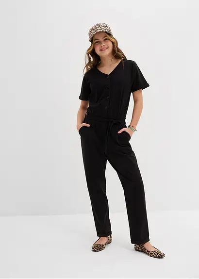 bonprix Mädchen Jumpsuit mit dekorativen Knöpfen - schwarz Vatertagsangebot