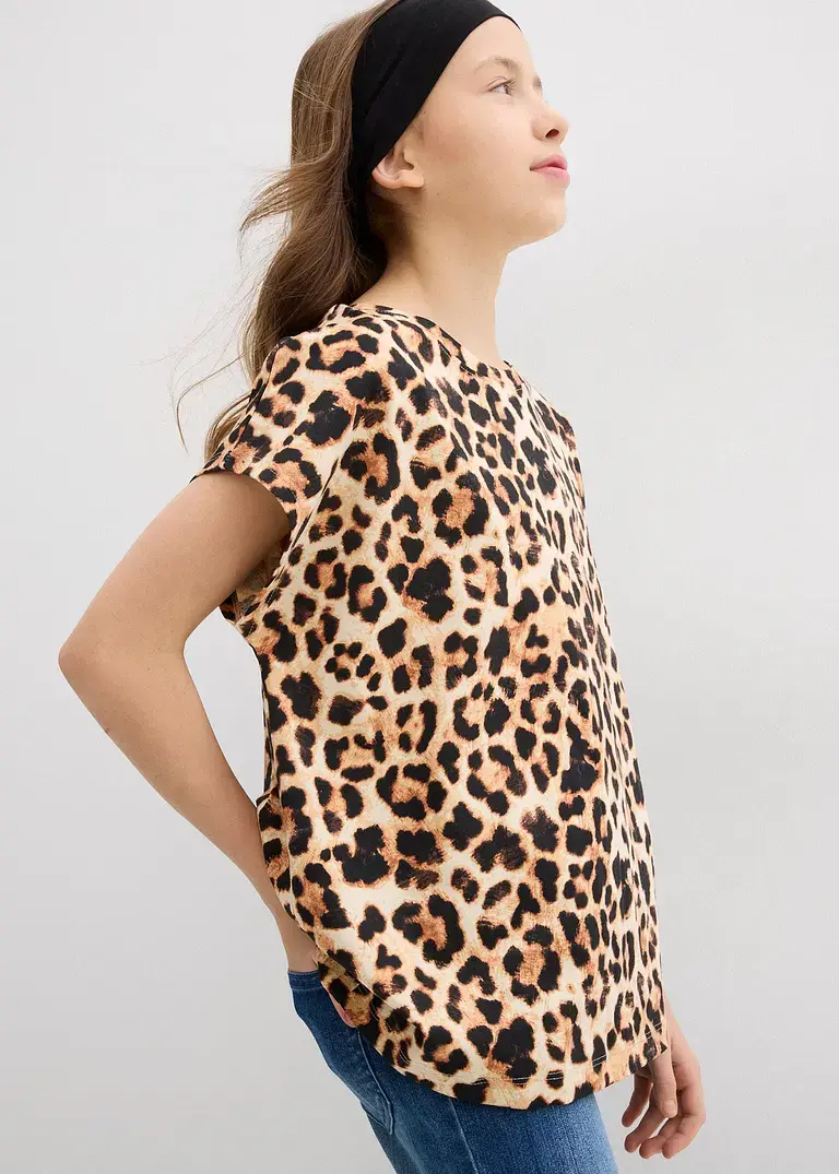 bonprix Mädchen T-Shirt im schönen 2er-Pack - schwarz+beige bedruckt Bestseller