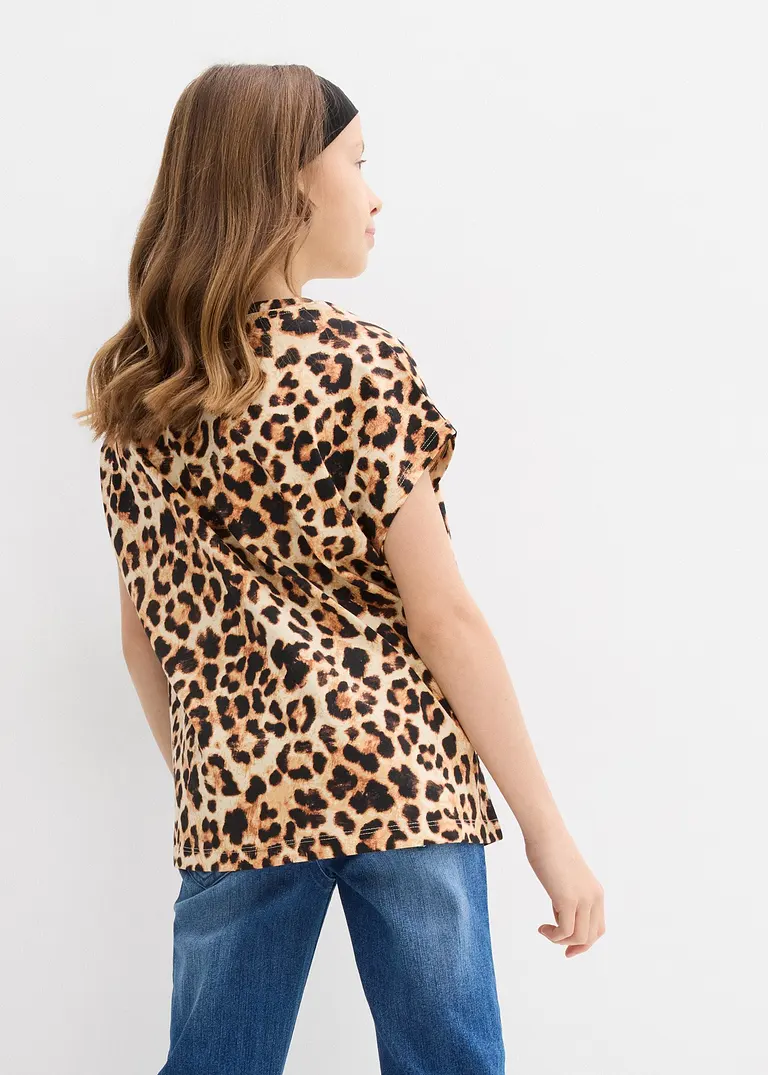 bonprix Mädchen T-Shirt im schönen 2er-Pack - schwarz+beige bedruckt Bestseller