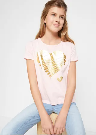 bonprix Tolles Mädchen T-Shirt mit Print - hellgrau meliert + puderrosa Sonderangebot der Fabrik