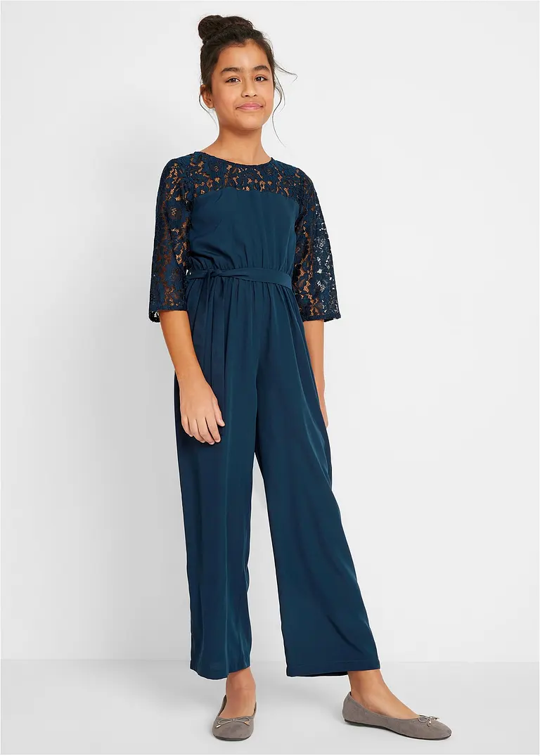 bonprix Toller Mädchen Overall mit Spitze und Stoffgürtel - blau - Kinder Kostenloser Versand international