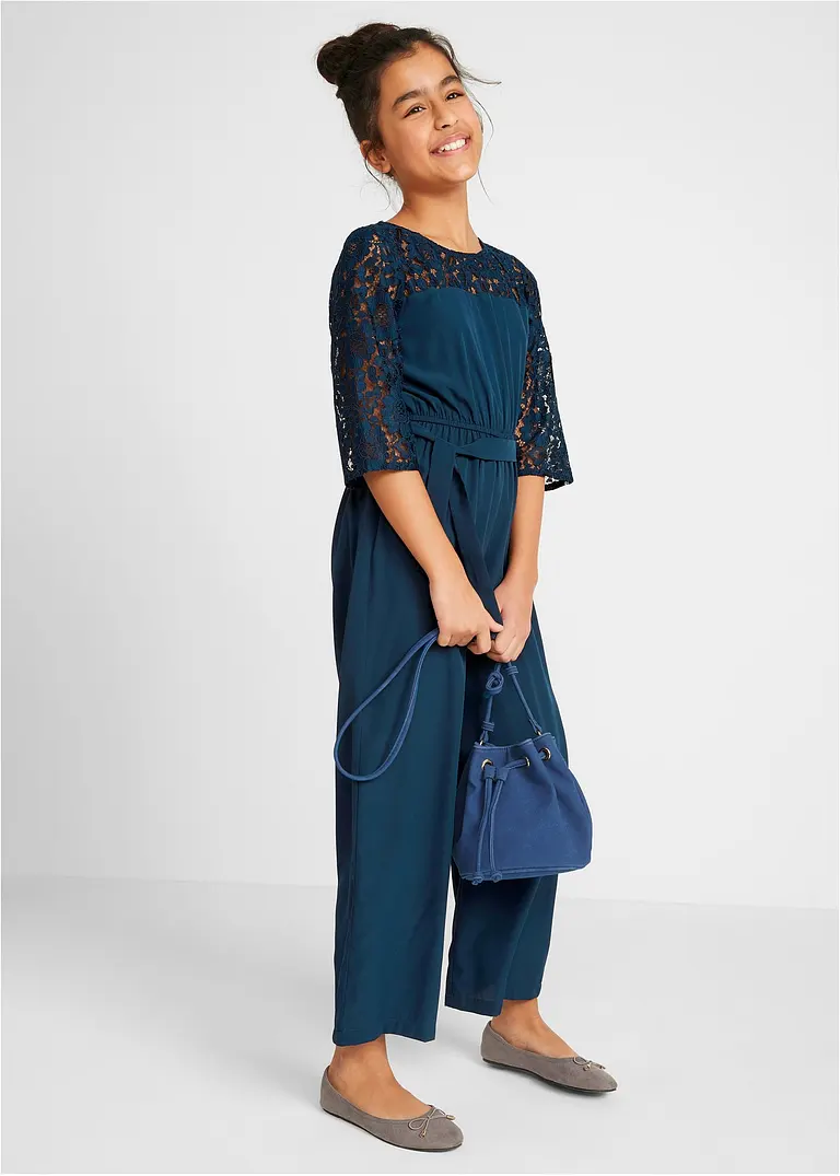bonprix Toller Mädchen Overall mit Spitze und Stoffgürtel - blau - Kinder Kostenloser Versand international