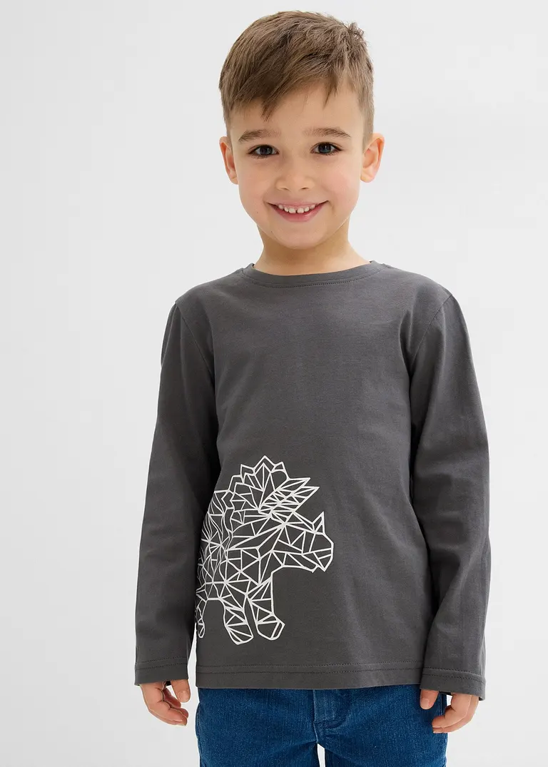 bonprix Cooles Jungen Langarmshirt mit einem großen Dino-Druck - grau Exklusivangebot