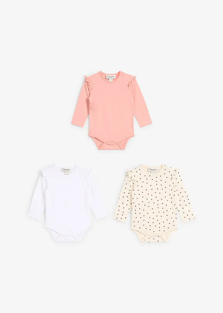 bonprix 3er Packung Baby Bodies mit Rüschen und Knöpfen an der Schulter und im Schritt Letzte 2 Tage