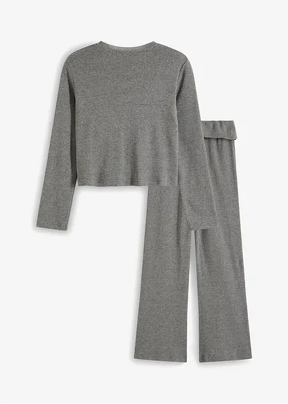 bonprix Mädchen Langarmshirt mit Spitze am Ausschnitt und mit bequemer ausgestellter Hose (2-tlg. Set) Weihnachtsangebot