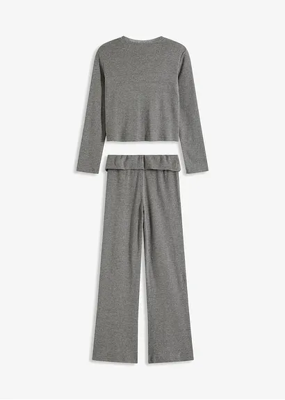 bonprix Mädchen Langarmshirt mit Spitze am Ausschnitt und mit bequemer ausgestellter Hose (2-tlg. Set) Weihnachtsangebot
