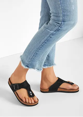 bonprix Sommerliche Zehensteg Pantolette in Glitzeroptik - schwarz Sonderangebote