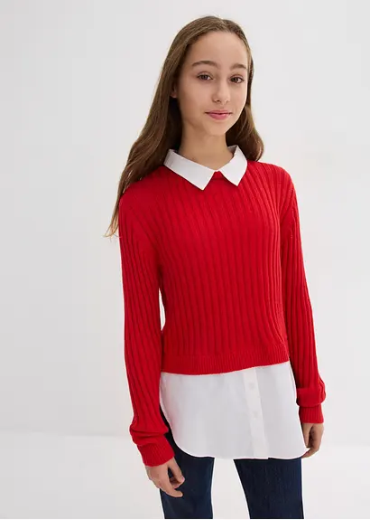 bonprix Mädchen Feinstrickpullover mit kontrastfarbigen Blusenbesatz Günstig kaufen