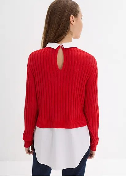 bonprix Mädchen Feinstrickpullover mit kontrastfarbigen Blusenbesatz Günstig kaufen