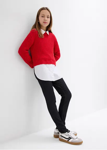 bonprix Mädchen Feinstrickpullover mit kontrastfarbigen Blusenbesatz Günstig kaufen