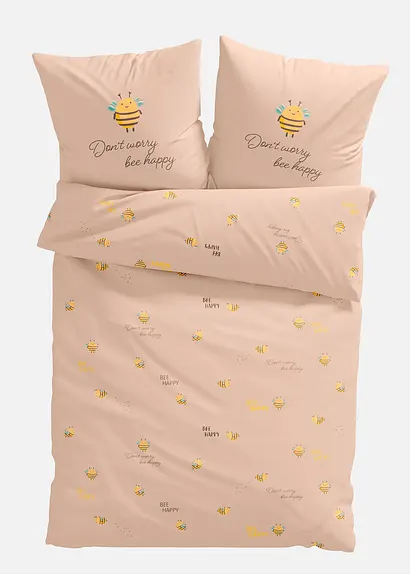 bonprix Bettwäsche mit Bienen und Statement - beige Baumwollgemisch